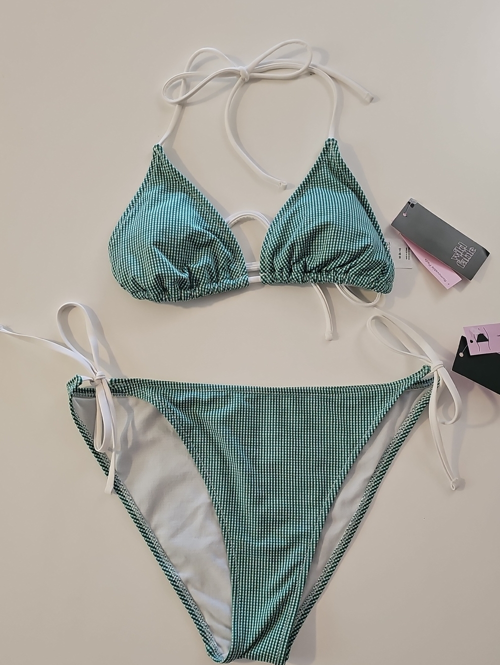 Wild Fable Women's M/L Green Gingham Tie-Side Triangle Bikini with White Straps